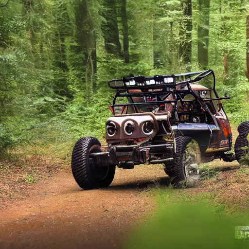 Prompt: off road buggy in the forest, driver is smilimg, artstatiom, 4 k, incredibly detailed