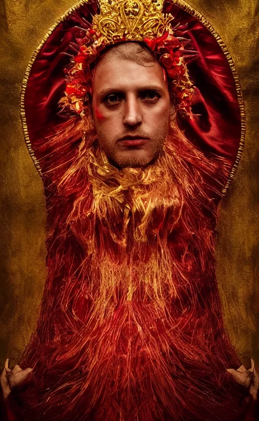 Image similar to 'Portrait of Crowned King Arthur' by Lee Jeffries royally decorated, whirling plasma, atmospheric motes, red and gold Sumptuous garb, gilt silk fabric, radiant colors, fantasy, perfect lighting, studio lit, micro details,