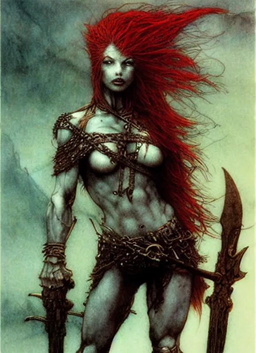 Image similar to redhead barbarian girl by Beksinski and Arthur Rackham, Yan Miller, Luis Royo