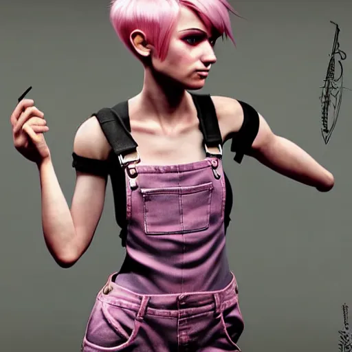 Image similar to full body pose, pixar, beautiful androgynous girl, pink pixie cut hair, torn overalls, short shorts, combat boots, fishnets, beautiful, highly detailed face, true anatomy!, extremely detailed!, digital painting, unreal engine 5, art by tom bagshaw