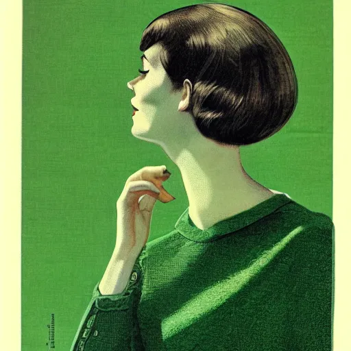 Image similar to faceless woman, hyper detailed, photo realism, Vintage Magazine Illustration 1960s, deep green mood