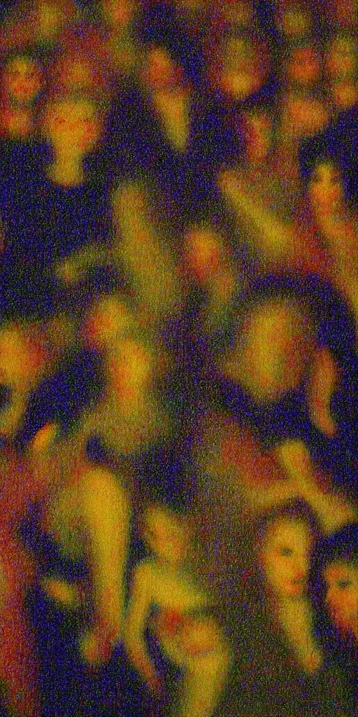 Image similar to a film still of enter the void by gaspar noe movie, painted by georges seurat, impressionism, pointillism, detailed!, witches, mansion,