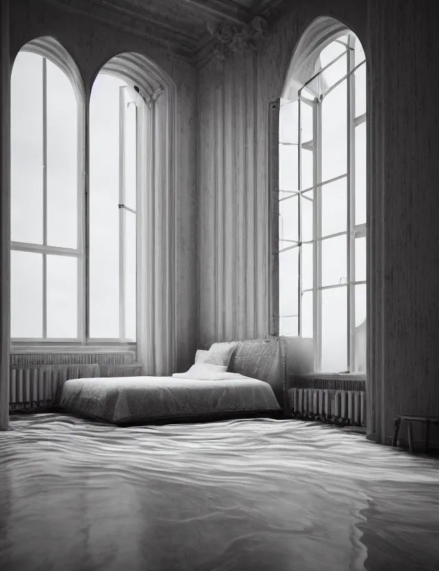 Image similar to dreamlike photo of floating bed above floor in a giant room with windows opening to eternity by andrzej sykut by lee madgewick, photorealistic, octane render, recursive!!!!, flowing, cascading, multiverse!!!!!!, labyrinthine, optical illusion, impossible angles