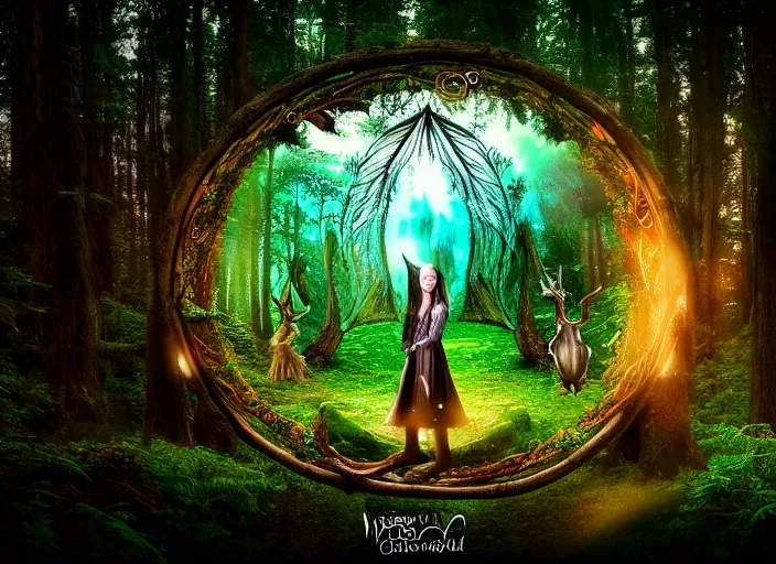 Image similar to photo of a portal to a different world with magical creatures. Forest in the background. Fantasy magic style. Highly detailed 8k. Intricate. Nikon d850 55mm. Award winning photography.