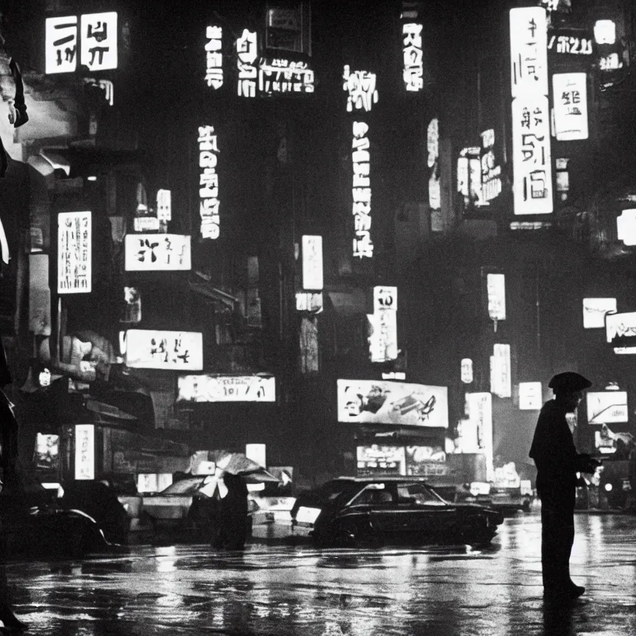 Prompt: duel, clint eastwood vs takeshi kitano in blade runner 1982 by Ridley Scott posing on a neon rainy vague street in headlights, movie shot, detailed, by Sergio Leone