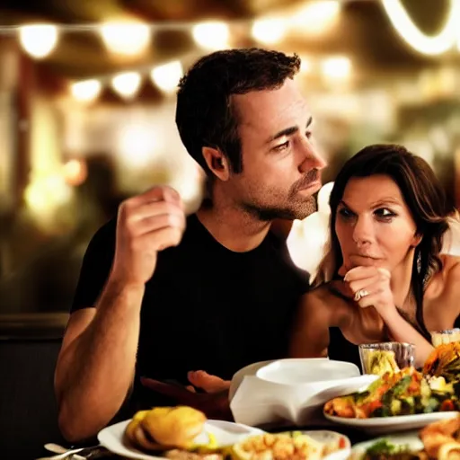Image similar to wife and husband having terrible dinner at restaurant, 8K, photorealistic, Cinematic lights