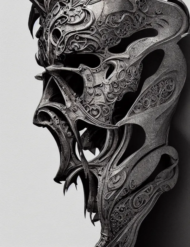 Image similar to 3 d goddess close - up profile portrait russian batman mask with ram skull. beautiful intricately detailed mask. artwork by giger and dali and beeple and greg rutkowski