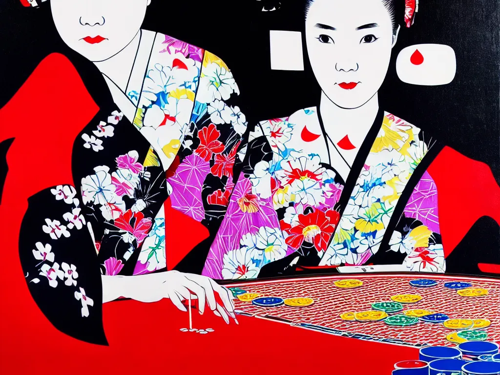 Image similar to hyperrealistic composition of the detailed woman in a japanese kimono sitting at a poker table with detailed darth vader, fireworks, mount fuji on the background, pop - art style, jacky tsai style, andy warhol style, acrylic on canvas