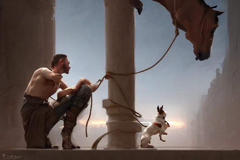 Image similar to a man tied to a pillar and jack russel terrier pissing on him, highly detailed, hyperrealistic digital painting, artstation, concept art, smooth, sharp focus, illustration, cinematic lighting, art by artgerm and greg rutkowski and alphonse mucha