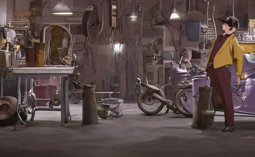 Prompt: a film still of willie wonka's chocolate factory 1973, animation key shot of a focused auto mechanic repairing the tires of a motorcycle in the workshop garage, medium shot, waist up, studio Ghibli, Pixar and Disney animation, sharp, Rendered in Unreal Engine 5, anime key art by Greg Rutkowski, Bloom, dramatic lighting