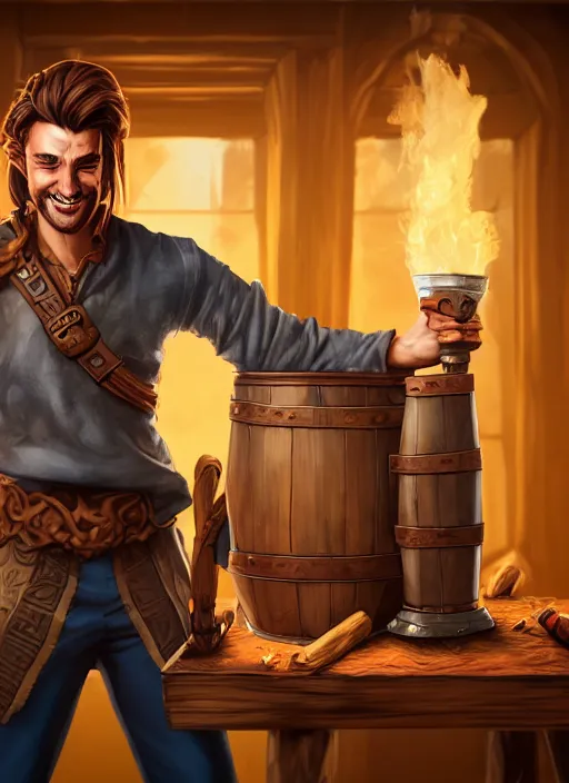 Image similar to An epic fantasy comic book style portrait painting of a handsome young man with brown wavey hair, wearing thief clothing in a tavern and smiling with a wooden tankard in hand, unreal 5, DAZ, hyperrealistic, octane render, cosplay, RPG portrait, dynamic lighting