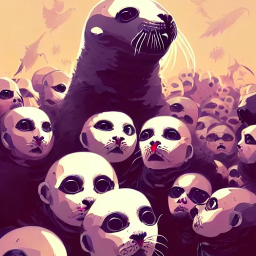 Image similar to highly detailed metal album cover featuring a cute white baby seal in a mosh pit by atey ghailan, by greg rutkowski, by greg tocchini, by james gilleard, by joe fenton, by kaethe butcher