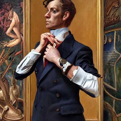 Image similar to gentleman frogman wearing a cravat and hand watches portrait in the museum, highly detailed, sharp focus, digital painting, artwork by Victor Adame Minguez + Yuumei + Tom Lovell + Sandro Botticelli