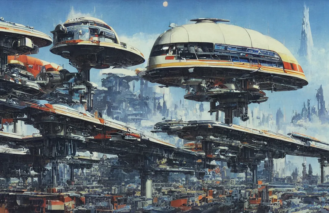 Image similar to a retro futurism elevated railway on colonized planet by robert mccall and john berkey | ralph mcquarrie :. 5