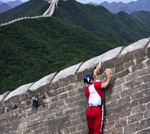 Prompt: candid photo of donald trump climbing over the great wall of china in 2020