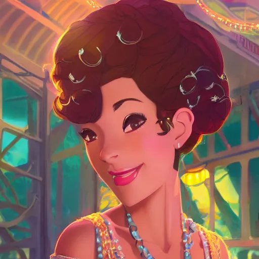 Image similar to portrait of princess tiana, 1920's new orleans background, rich vivid colors, ambient lighting, dynamic lighting, 4k, official media, anime key visual, makoto shinkai, ilya kuvshinov, lois van baarle, rossdraws, detailed, trending on artstation