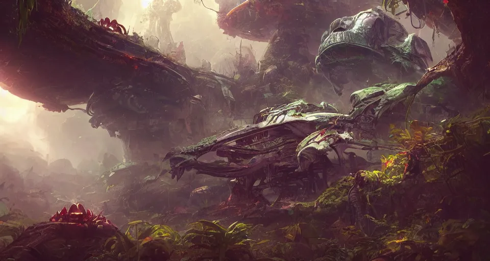 Image similar to crushed alien spaceship in jungle, concept art by darek zabrocki, tyler edlin, jordan grimmer, neil blevins, james paick, natasha tan, highly detailed, ultra detailed, ultra realistic, trending on artstation