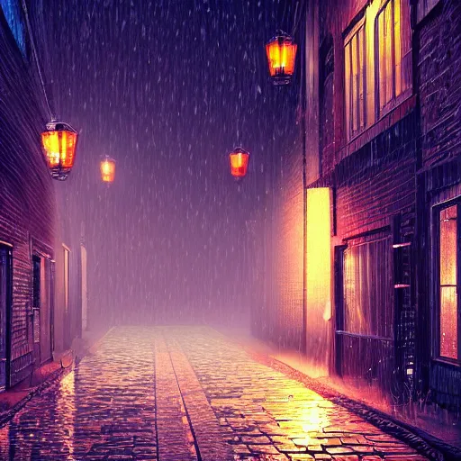 Image similar to a beautiful dark rural city ally at night, there are lanterns reflecting in the cold rain, trending on artstation, 4k