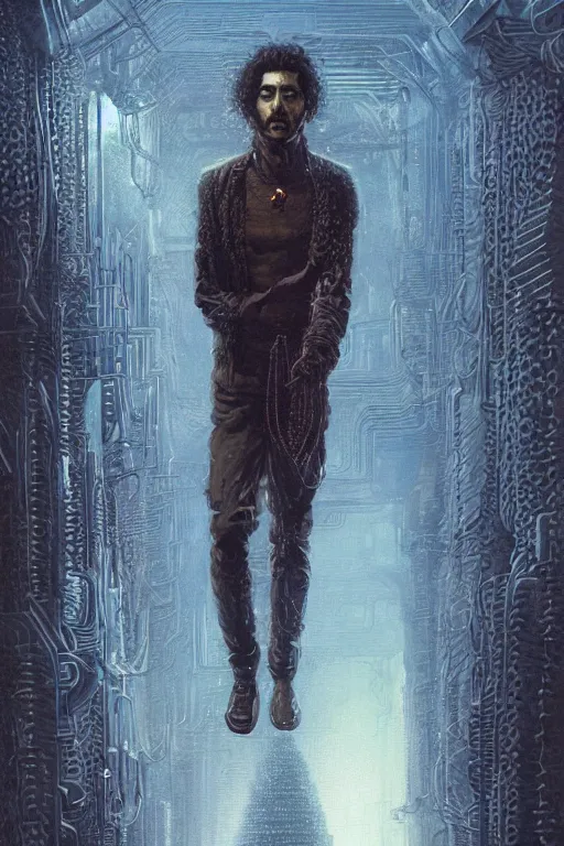 Image similar to a curly - haired persian guy neuromancer by david a hardy, noriyoshi ohrai, gary ruddell, ( greg rutkowski ), salvador dali, moebius, makoto shinkai, highly detailed, cinematic composition, trending on artstation