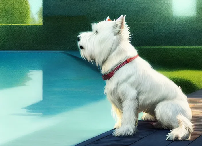 Image similar to west highland white terrier sitting by a pool, bright, reflections, intricate, sharp focus, lens flare, bloom, illustration, highly detailed, digital painting, concept art, matte, art by ruan jia and wlop and greg rutkowski, masterpiece