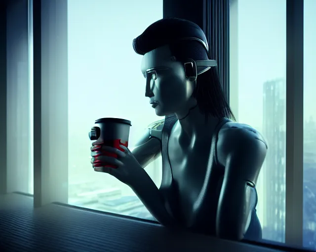 Image similar to a terminator cyborg lady with borg implants and optical fibers is drinking coffee near a window with dystopian city visible outside. very detailed 8 k. cyberpunk style. unreal engine render. global illumination. nanite. rtx. path tracing.