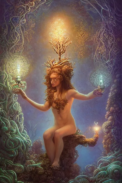 Prompt: a stunning ultra detailed underwater fantasy illustration of a goddess holding a glowing lamp, overgrown with colorful coral, by tomasz alen kopera and tom bagshaw, water bubbles, very detailed, deep depth of field, 5 0 mm lens, soft lighting, artstation, highly coherent, 8 k