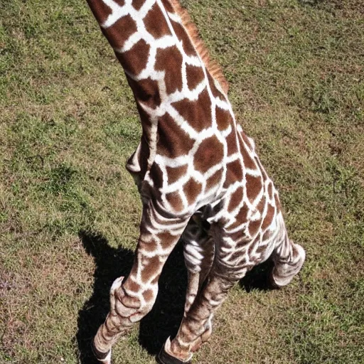 Image similar to a giraffe with human legs and hairy feets