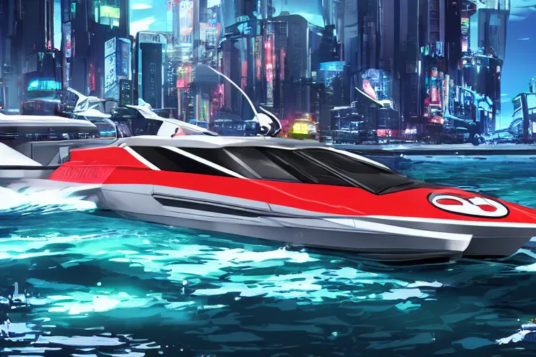 Prompt: Axopar 37 speedboat going full speed in front of shoreline city in anime cyberpunk style by Hayao Miyazaki