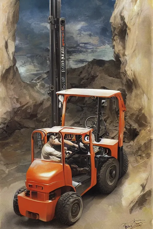 Image similar to a bald man driving a fork lift truck by Frank Frazetta, Ivan Aivakovsky, Boris Vallejo, epic character art, full length, Exquisite detail, post-processing, masterpiece, cinematic, 8k, ultra realistic, hyper detailed