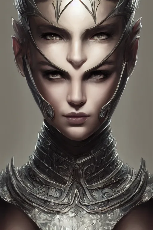 Image similar to three-quarters portrait pose of a beautiful woman, slim body, shining armor, human warrior, fantasy, intricate, elegant, highly detailed, digital painting, artstation, concept art, matte, sharp focus,D&D, illustration, art by Stanley Lau