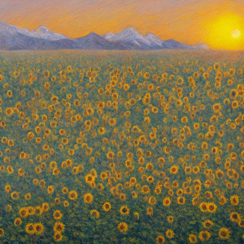 Image similar to impressionism painting of a field of sunflower on a foggy morning, red barn in distance, sun low on horizon through snow capped mountains, soft light
