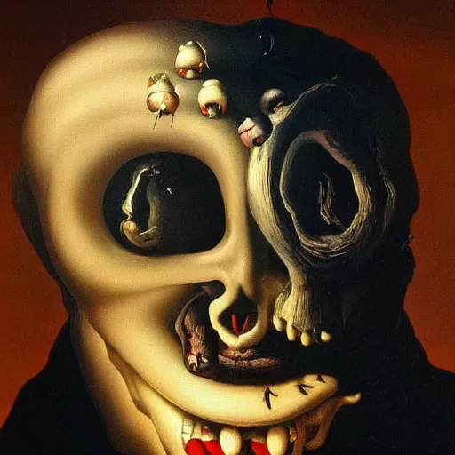 Image similar to oil painting with black background by christian rex van dali todd schorr of a chiaroscuro portrait of an extremely bizarre disturbing mutated man with acne intense chiaroscuro obscuring features lighting perfect composition masterpiece