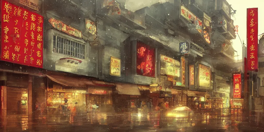 Image similar to an old cinema at a quiet petaling street in chinatown, kuala lumpur, rainy day, matte painting, studio ghibli, artstation