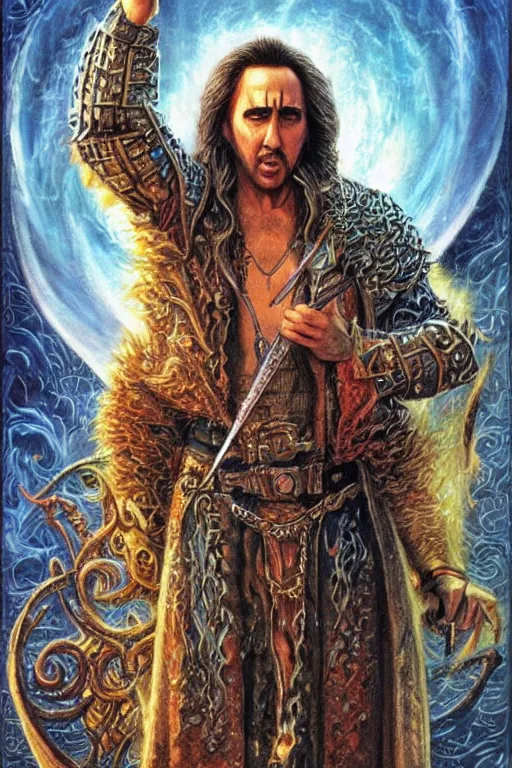 Image similar to Nicolas Cage as wizard, fantasy, intricate, highly detailed, illustration by ken kelly