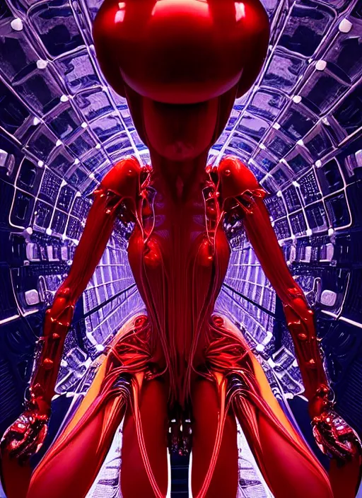 Image similar to background space station, dark red inflateble dress iris van herpen positing on floor, helmet instead of a head, perfect symmetrical, full body shot, inflateble shapes, wires, tubes, veins, jellyfish, white biomechanical details, wearing epic bionic implants, masterpiece, intricate, biopunk, vogue, highly detailed, artstation, concept art