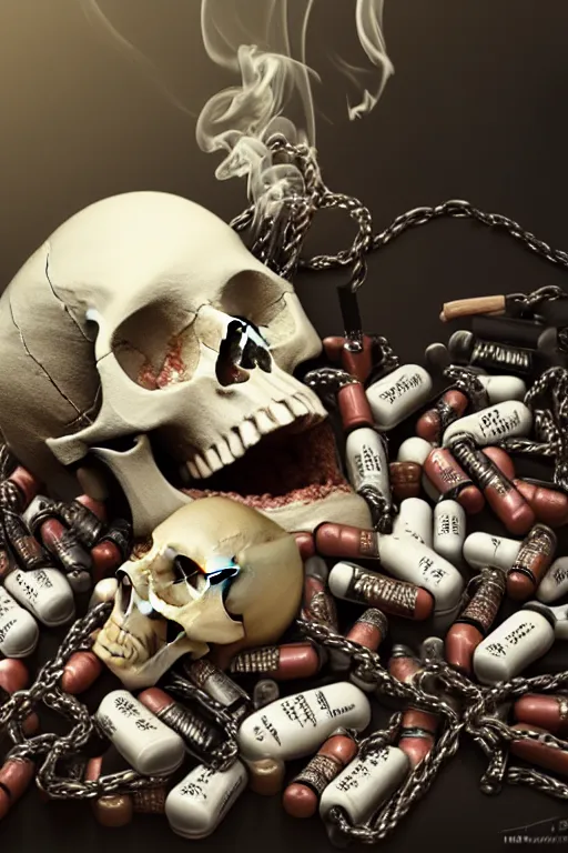 Image similar to beutifull and very tired womanlooking pile Off pills, drugs, cigarrette boxes and a skull on a wooden table, skull made out of smoke coming out of pills, fantasy, intricate, elegant, highly detailed, digital painting, artstation, concept art, addiction, chains, smooth, sharp focus, illustration, art by Ilja Repin