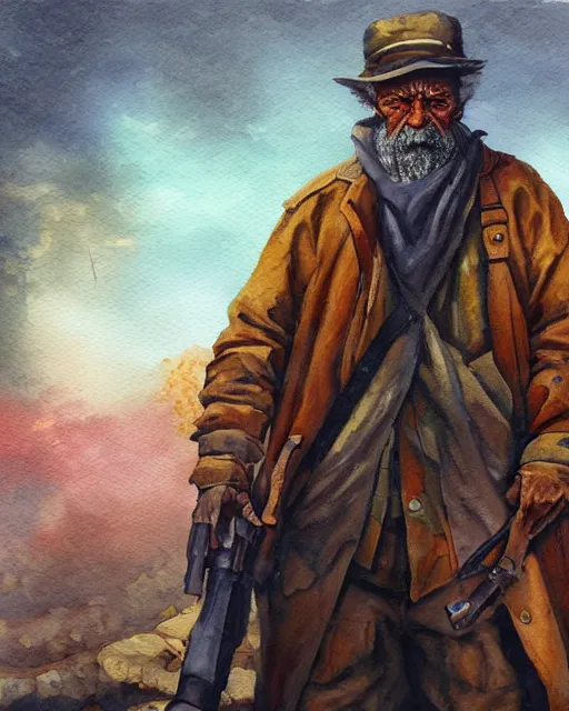 Image similar to a oil / watercolor painting full body character portrait of an old homeless soldier fighting to defend his family in the style of moebius in the style of leonard boyarsky trending on artstation deviantart pinterest detailed photorealistic highlights and shadow hd 8 k post - processing high resolution