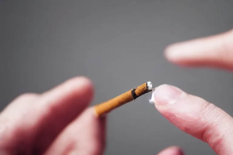 Image similar to Close-up of cigarette in five fingers, thin soft hand holding cigarette, hyper realistic, photographic style