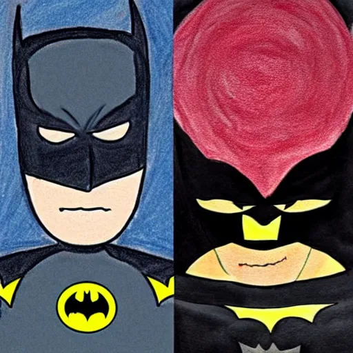 Image similar to a children's drawing of joe biden as batman, crayon, paper