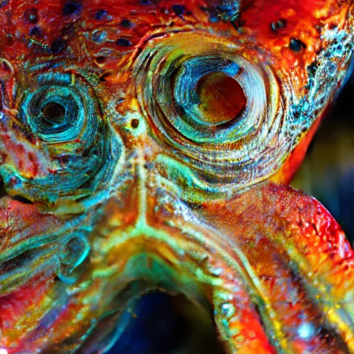 Image similar to fiery whimsical emotional eyes cephalopod, in a photorealistic macro photograph with shallow dof