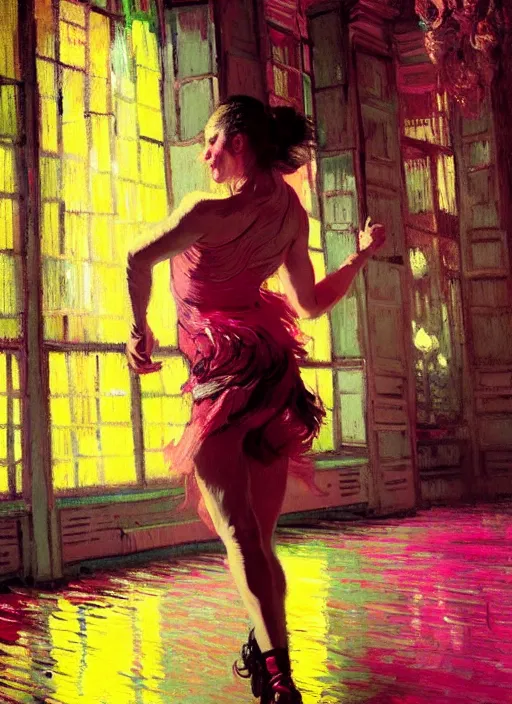 Image similar to nightclub portrait of a beautiful girl, ecstatic dancing, eyes closed, shades of pink, beautiful face, rule of thirds, intricate outfit, spotlight, by greg rutkowski, by jeremy mann, by francoise nielly, by van gogh, digital painting