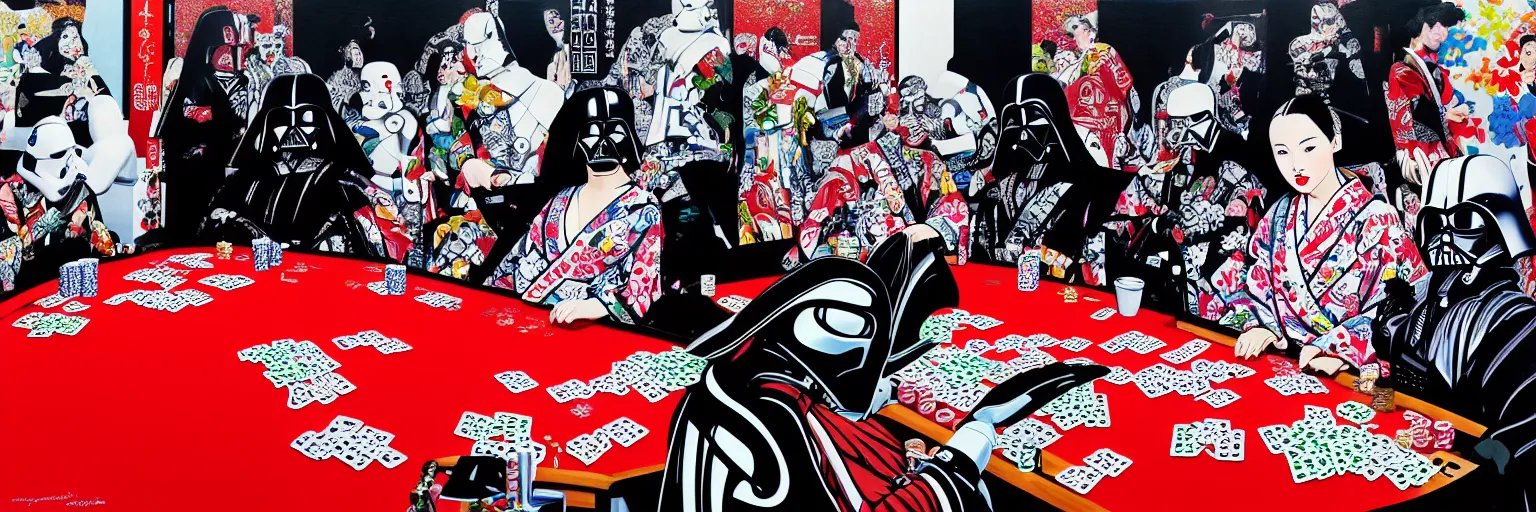 Image similar to hyperrealism composition of the detailed woman in a japanese kimono sitting at an extremely detailed poker table with darth vader and stormtrooper, fireworks on the background, pop - art style, jacky tsai style, andy warhol style, acrylic on canvas