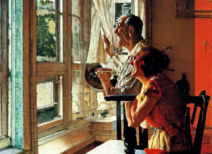 Image similar to a laughing man sitting by the window, a slim woman in the background, norman rockwell