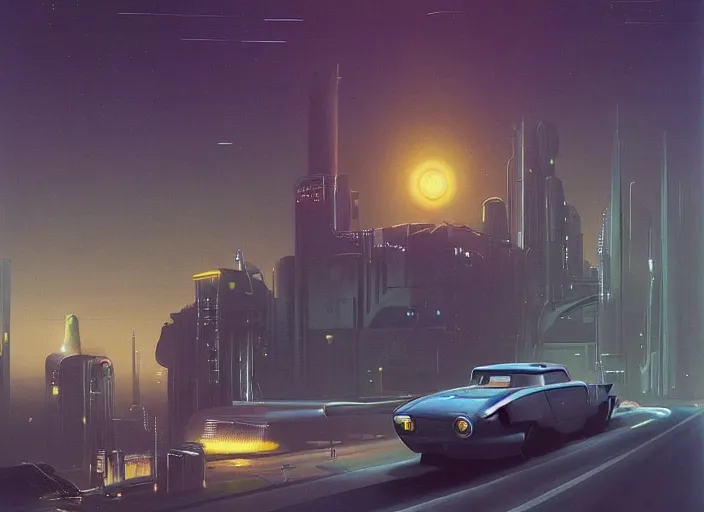 Image similar to a car driving down a street next to tall forest the night, cyberpunk art by Chesley Bonestell, cgsociety, retrofuturism, matte painting, reimagined by industrial light and magic