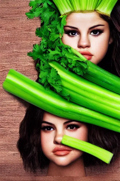 Image similar to selena gomez made out of celery, a human face with celery for hair, celery in the shape of a human face, a bunch of celery sitting on a cutting board, professional food photography