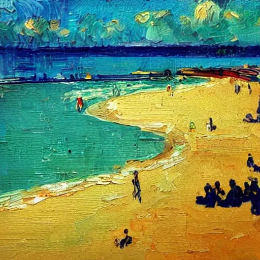 Image similar to a painting of a beautiful beach in Miami, trending on artstation, masterpiece, in the style of Vincent van Gogh