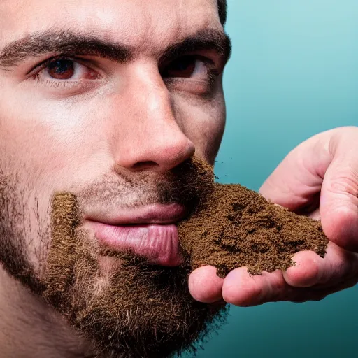 Prompt: man with a handful of dirt in his hand about to put it in his mouth