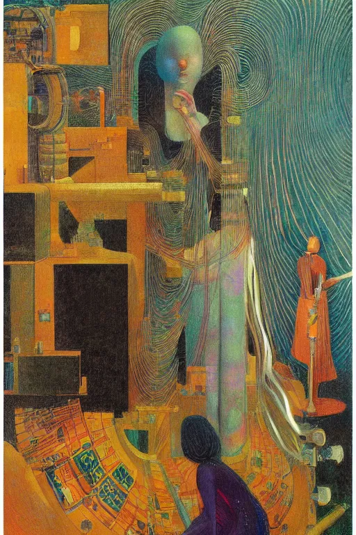 Image similar to realistic portrait of an engineer woman fixing the samsara holy cluster, fine portrait, concept art, stunning, visionary, dimmed palette, by brecht evens, by jean delville, by francis bacon