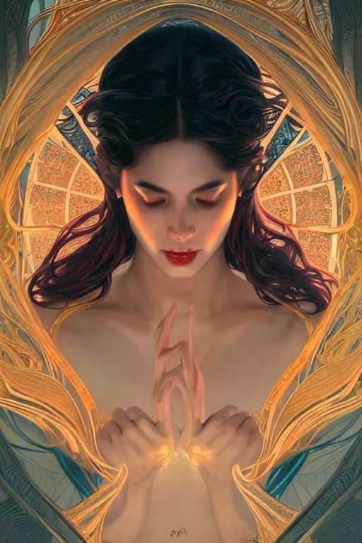 Prompt: symmetry!! intense fanart of 4 / 4 full front pose of a young sensual chaos goddess, protagonist, intricate, elegant, highly detailed, my rendition, digital painting, artstation, concept art, perfect, smooth, sharp focus, illustration, art by artgerm, kilian eng, greg rutkowski and alphonse mucha