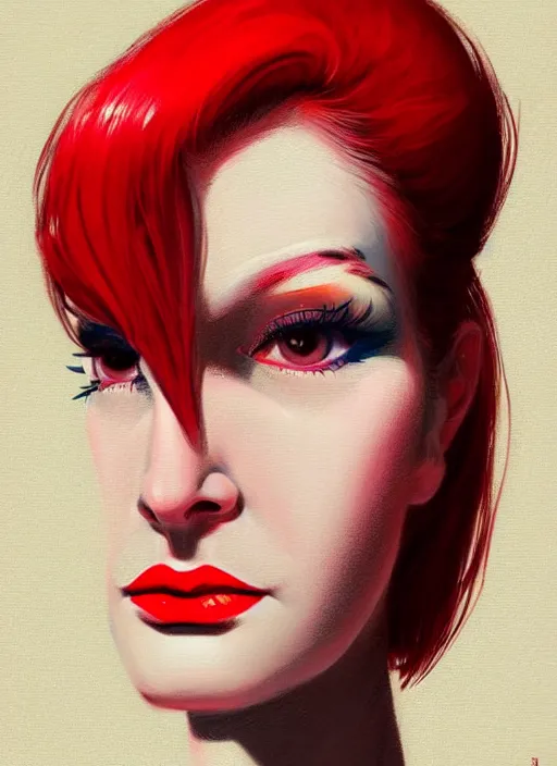 Prompt: portrait of a woman with a crooked nose and a confident expression, 1 9 6 0 s, red clothes, goth, punk, brightly coloured hair, funk, intricate, elegant, highly detailed, digital painting, artstation, concept art, smooth, sharp focus, illustration, art by wlop, mars ravelo and greg rutkowski